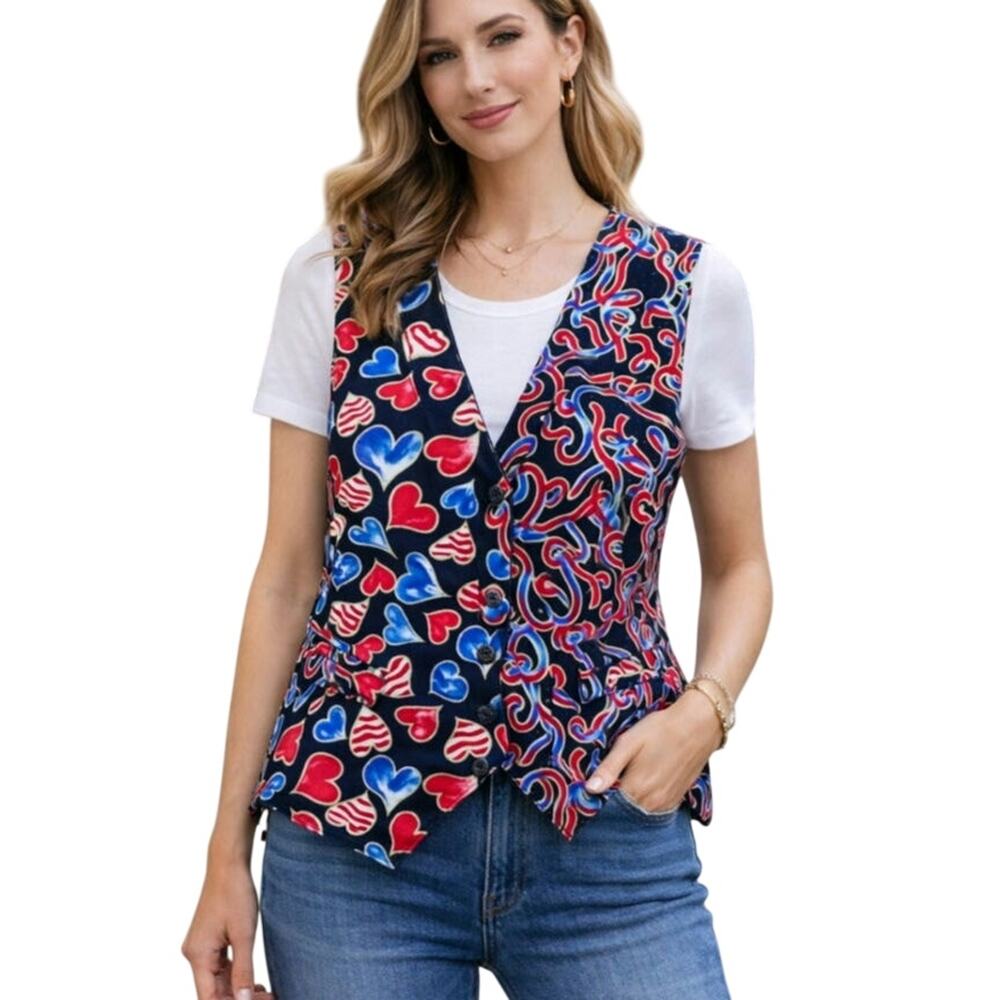 Vintage JLN USA Patriotic Vest Women's Size L USA Cotton Holidays Valentines